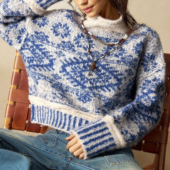 Blue And White Boho Women's Fuzzy Sweater - Picture 11 of 11